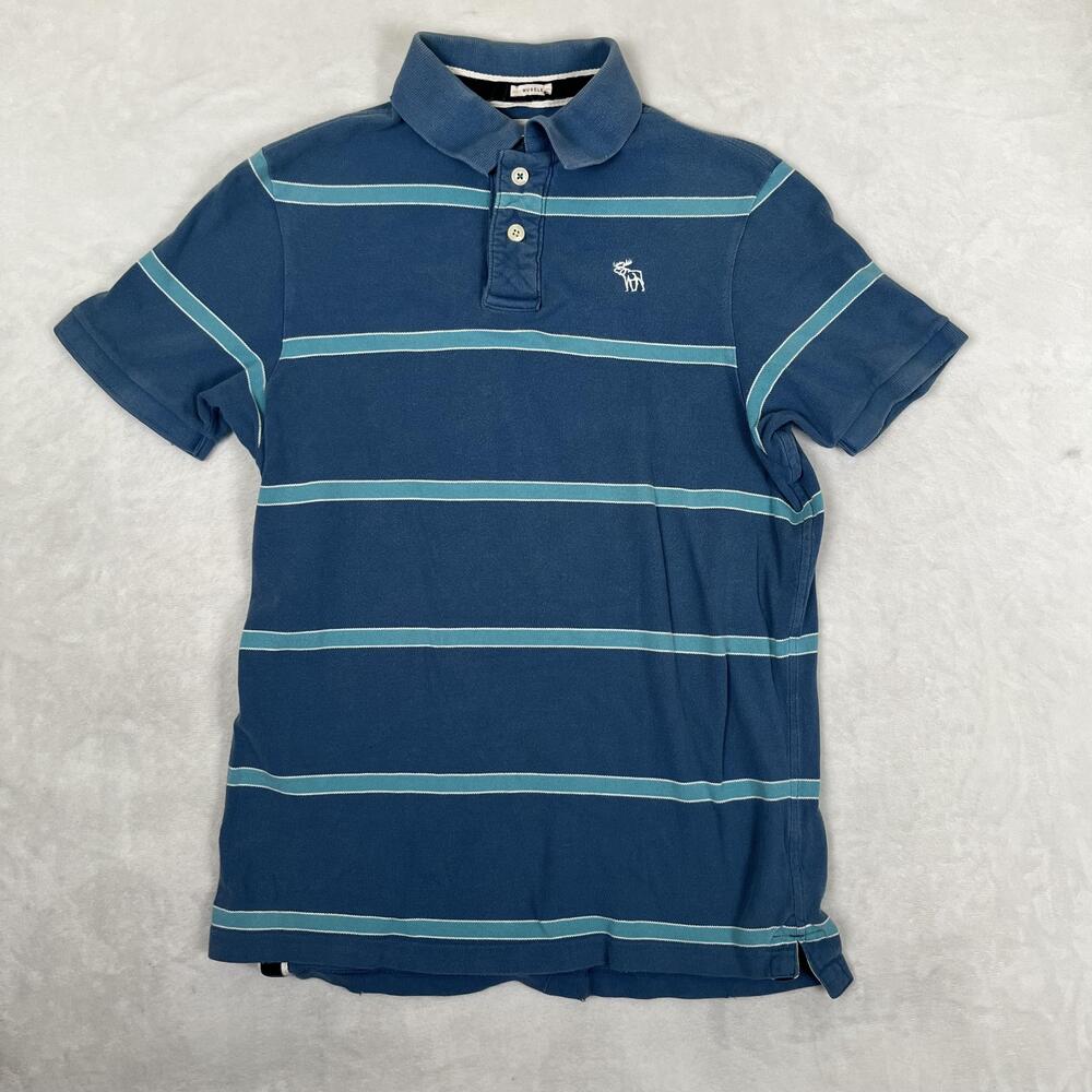 Vintage Abercrombie & Fitch Polo Shirt Mens 2XL Blue Stripe Muscle Fit Moose Y2K